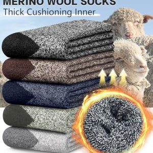 5 Pairs Men’s Merino Wool Socks – Warm Thick Hiking Crew