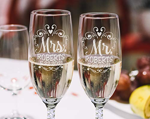 Mr Mrs Twisty Stem Champagne Flutes Set - Engraved Pair - Image 8