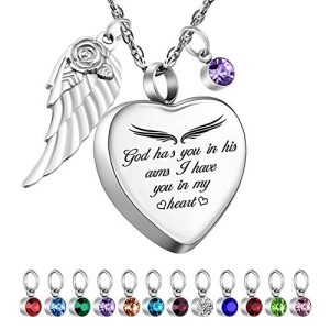 Heart Urn Necklace for Ashes – Birthstone & Angel Wing Keepsake