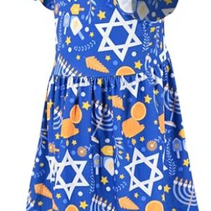Girls’ Petal Sleeve Hanukkah Dress – Blue Hanukkah Star