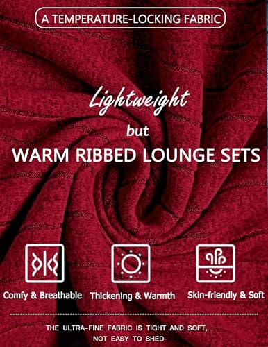 Ekouaer Women's Ribbed Knit Fleece Pajama Set - Burgundy PJs - Image 4