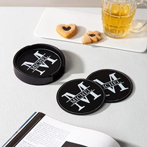 Personalized Leather Coasters with Holder – 5 Pack