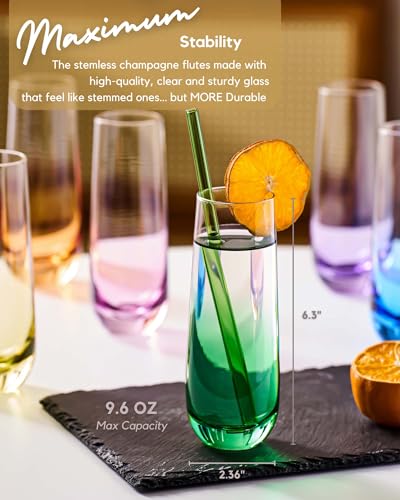 ColoVie Stemless Champagne Glasses Set of 6, Colored Flutes - Image 4