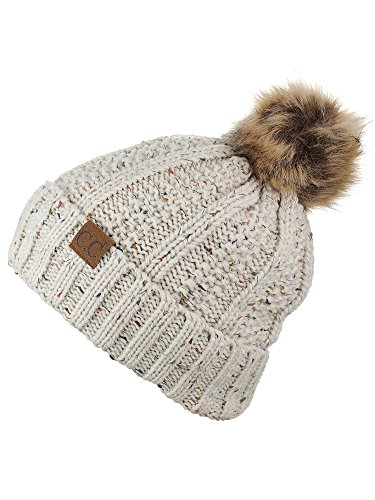 C.C. Cable Knit Beanie with Faux Fur Pom & Fleece Lining - Image 4