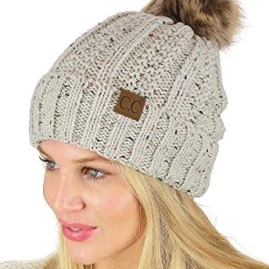 C.C. Cable Knit Beanie with Faux Fur Pom & Fleece Lining