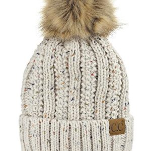 C.C. Cable Knit Beanie with Faux Fur Pom & Fleece Lining