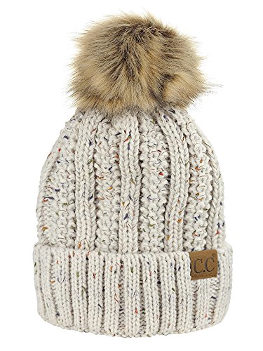 C.C. Cable Knit Beanie with Faux Fur Pom & Fleece Lining