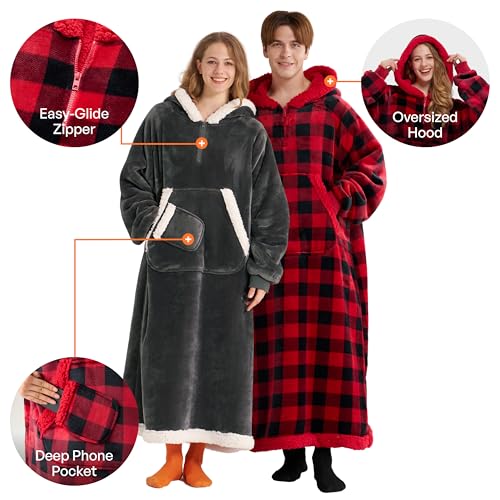 Giggling Getup Plaid Wearable Blanket Hoodie with Pocket - Image 4