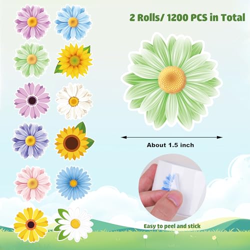1200pc Flower Sticker Roll: Spring Daisy & Sunflower Decals - Image 3