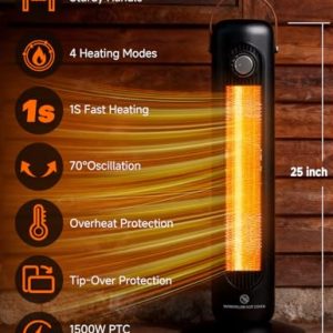 HETRAROOT Tower Space Heater – 1500W PTC, 70° Oscillation