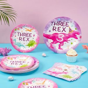 48pc Three Rex Pink Dinosaur 3rd Birthday Tableware (Serves 16)