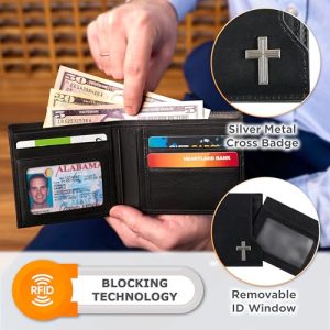 Men’s RFID Blocking Leather Wallet | Silver Engraved Cross