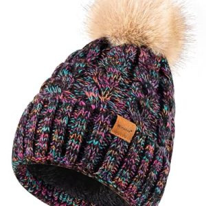 Women’s Pom Pom Beanie – Fleece Lined Cable Knit Hat