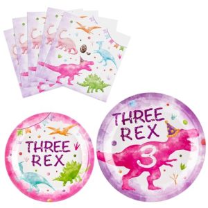 48pc Three Rex Pink Dinosaur 3rd Birthday Tableware (Serves 16)