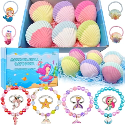 6 Pcs Mermaid Bath Bombs with Surprise Jewelry Toys