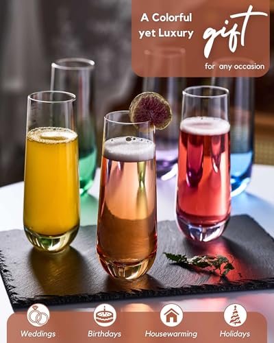 ColoVie Stemless Champagne Glasses Set of 6, Colored Flutes - Image 5