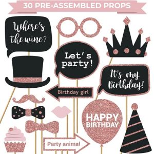30PC Rose Gold & Pink Birthday Photo Booth Props (Assembled)